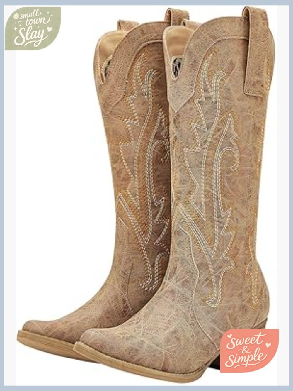 Cowgirl Boots with Stitched Embroidery Pointed Toe